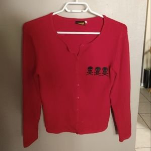 Liquor Brand Rockabilly/Pinup style red cardigan with embroidered skulls.